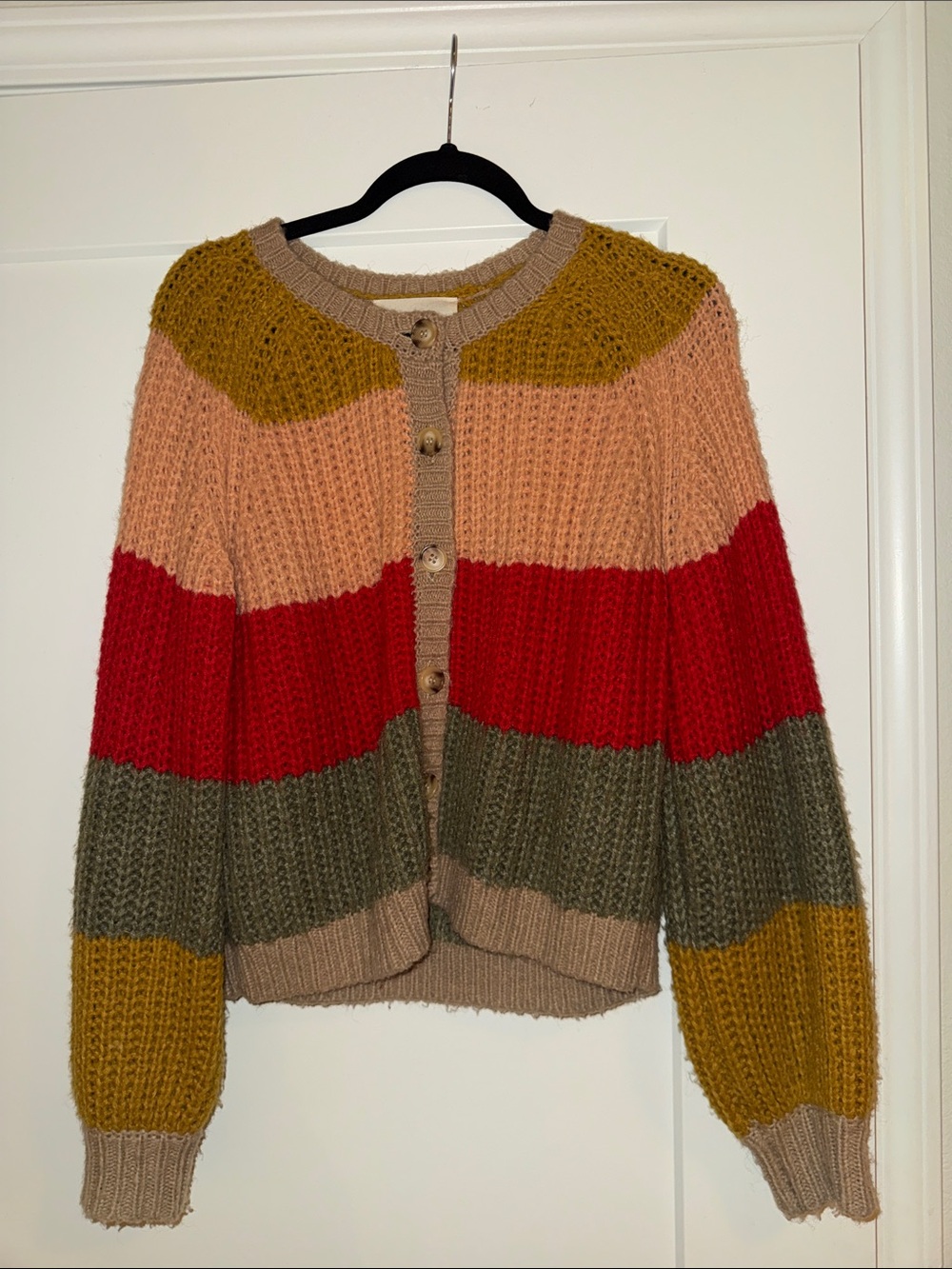Colorblock Button-Up Chunky Knit Cardigan - Multicolor